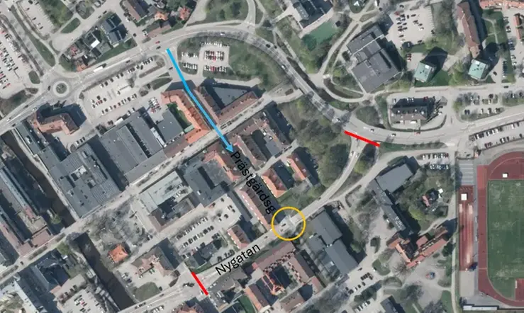 Karta: Nygatan stängd mellan Glasgatan och Torggatan. Omledning via Trädgårdsgatan–Stora Gatan.